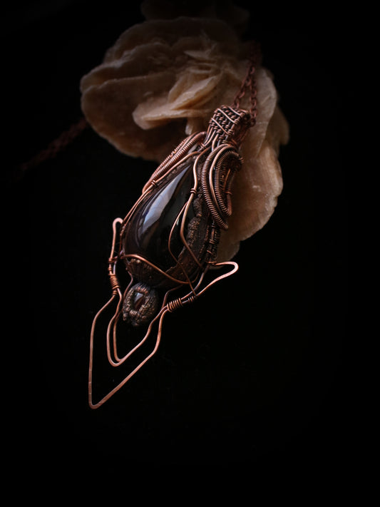 Amuleto/Talismano Ossidiana Arcobaleno e Granato Rosso e rame Hand made electroformed wire wrapped Pagan Wicca Witch