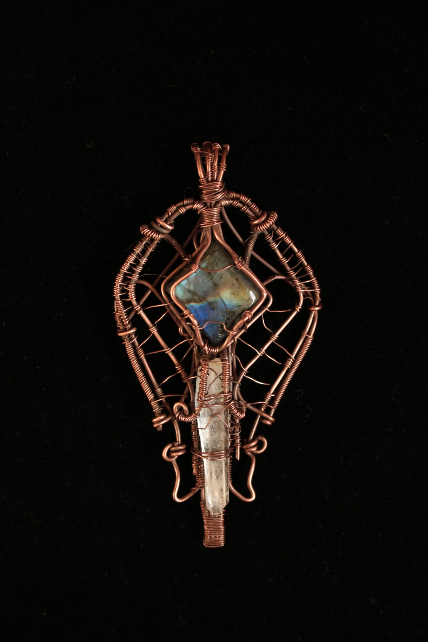 Amuleto/Talismano Labradorite e Quarzo Ialino avvolta in filo di rame Hand made geometric Pagan Wicca Witch