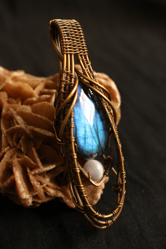 Amuleto/Talismano Labradorite Blu e Occhio di gatto avvolta in filo di ottone Hand made geometric Pagan Wicca Witch